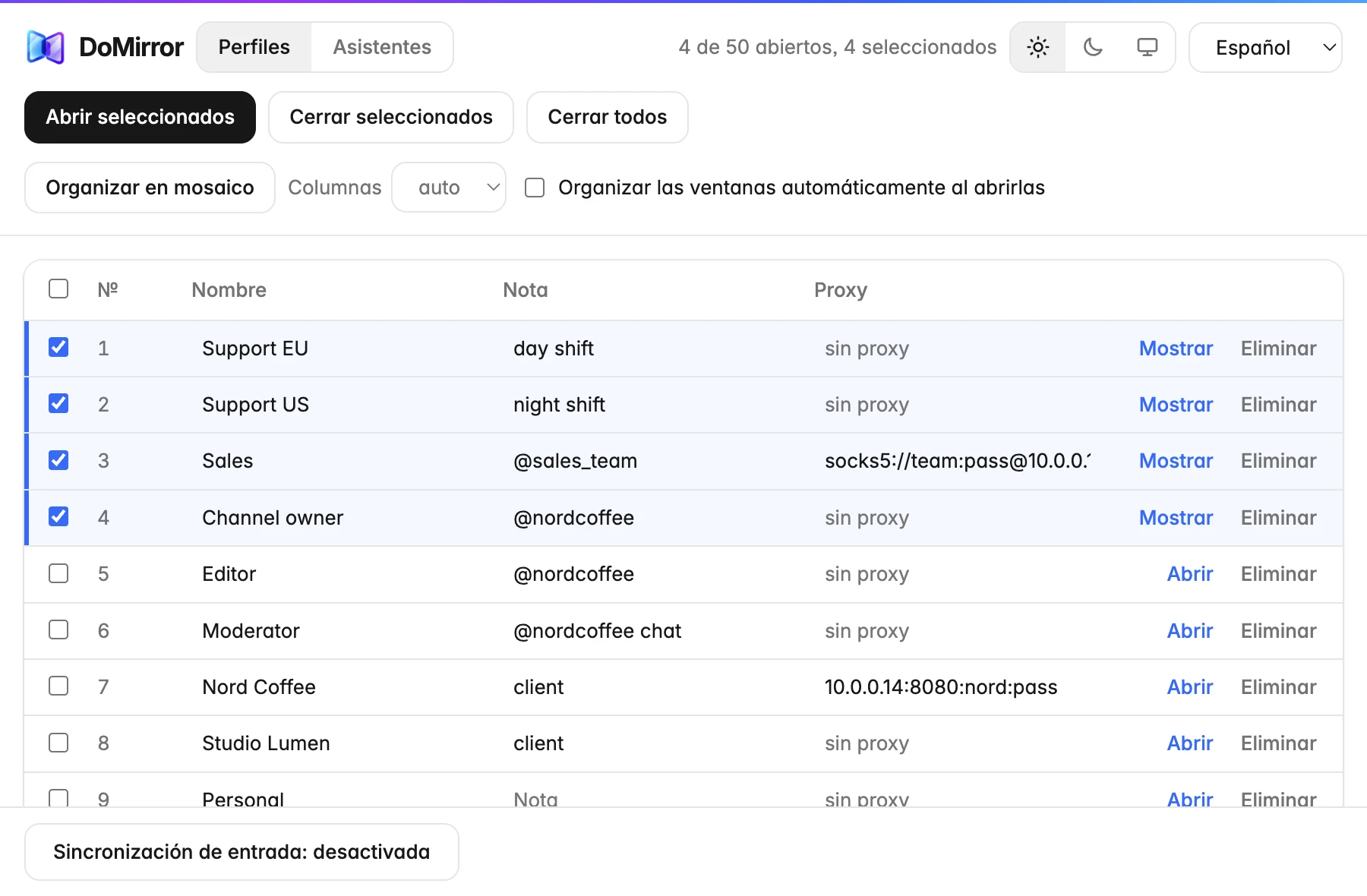 Lista de perfiles de DoMirror con nombres, notas y ajustes de proxy